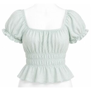 SO Pastel Mint Green Crop Top Smocked Peplum Puff Sleeve Square Neck Boho Small